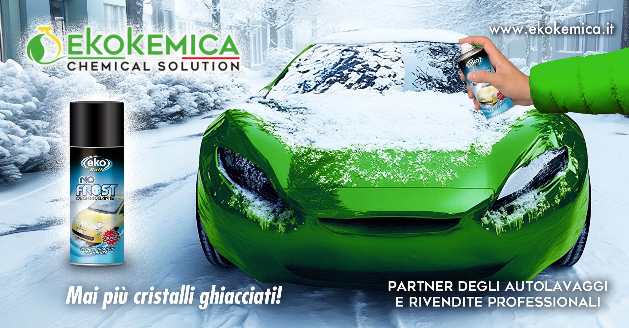 A red sports car driving through a snowy landscape.